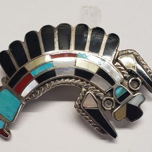 Zuni Rainbows Man Pin Pendant, Sterling silver inlaid stones